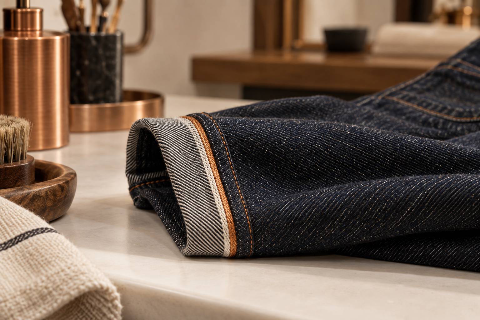 Detail de la lisiere selvedge au filet colore sur un jean brut indigo