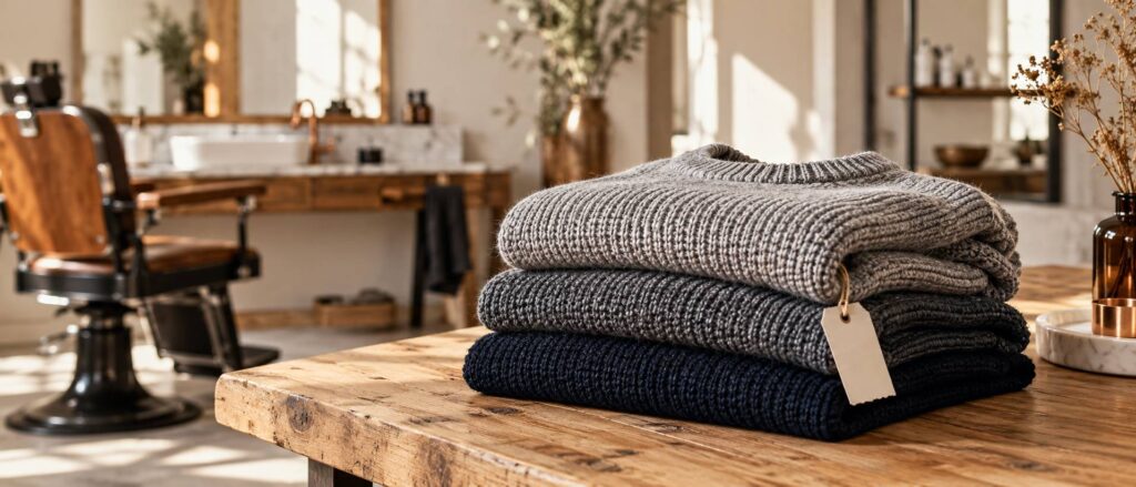 Pulls en maille gris et marine pliés et empilés sur une table en bois clair