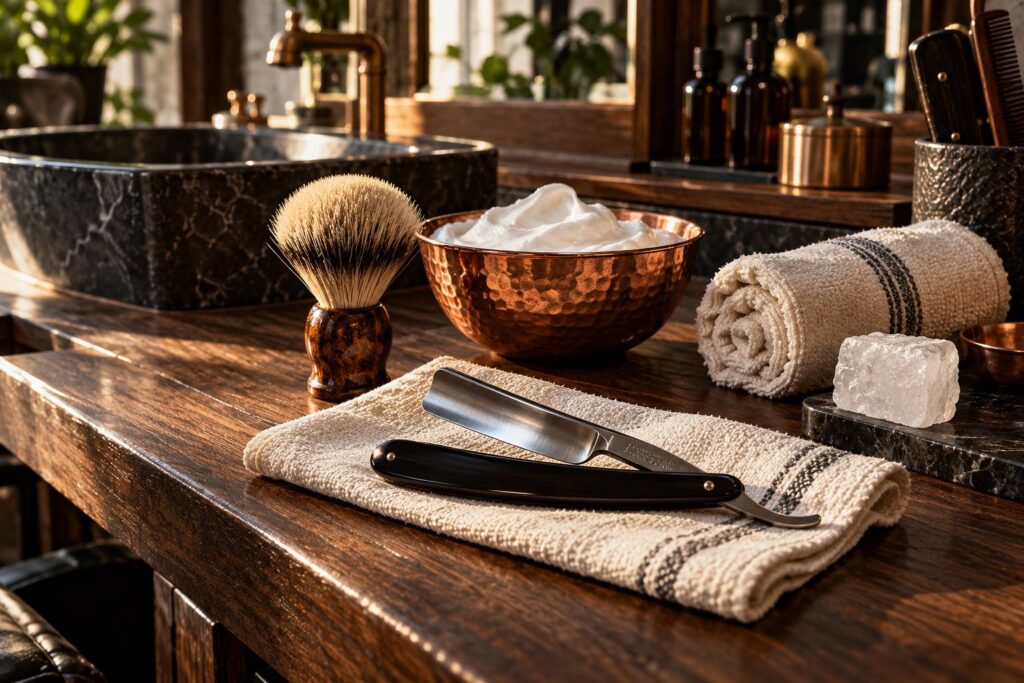 Rasoir droit ouvert, blaireau et bol de mousse sur un comptoir de barbier en bois