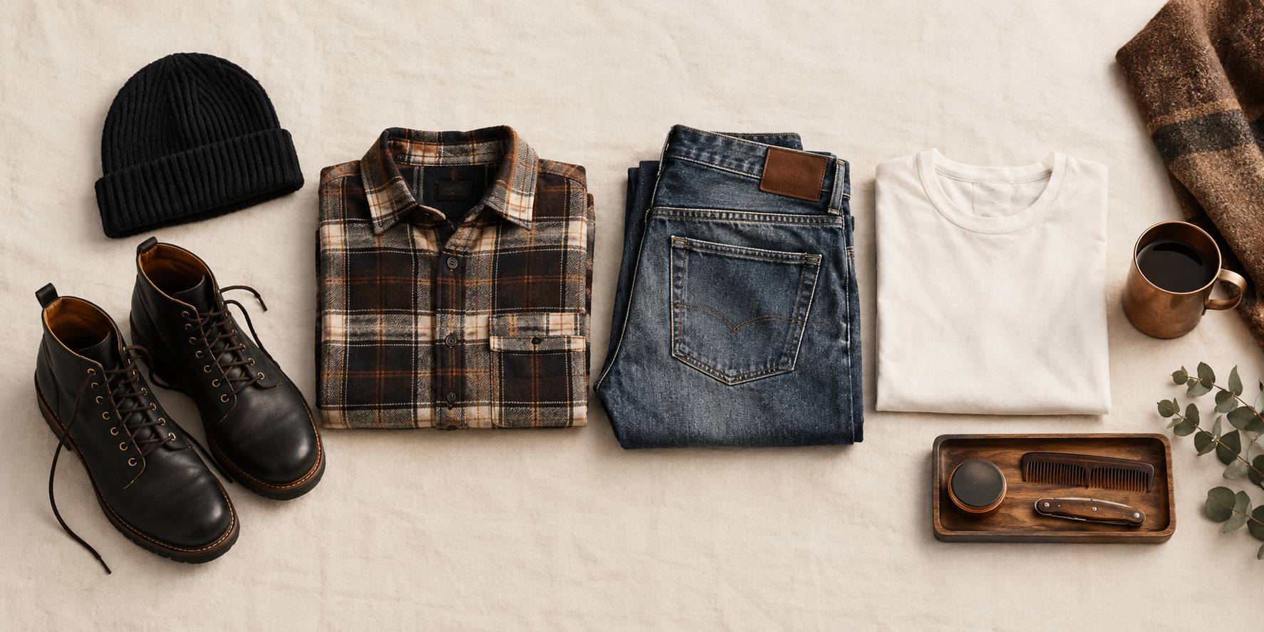 Flat-lay de flanelle, jean délavé et bottes noires sur toile brute
