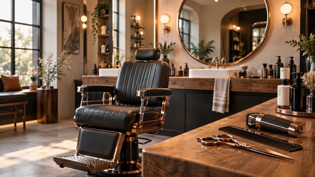Fauteuil de barbier avec ciseaux, peigne et tondeuse sur un comptoir en bois