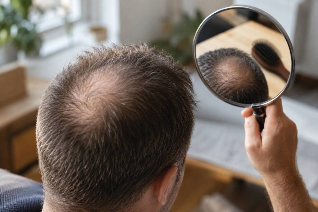 Plan de détail illustrant le sujet de l'article : Tonsure naissante : couper court ou camoufler